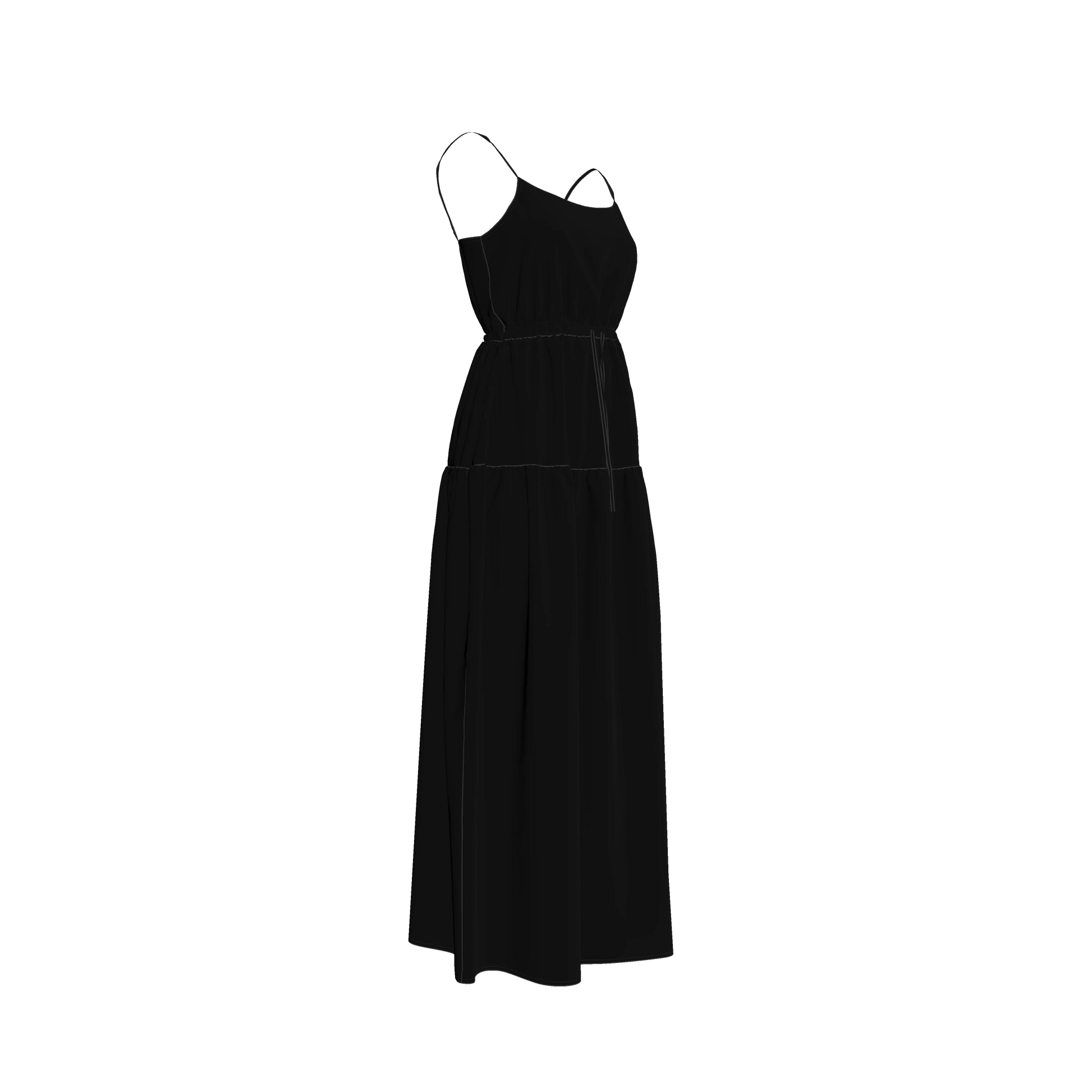 Maxi Dress with Waist Tie in Pure Black Pima Cotton Poplin