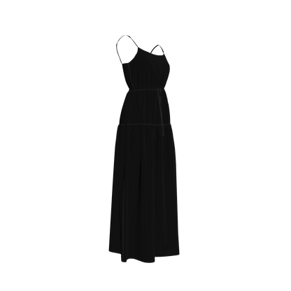 Maxi Dress with Waist Tie in Pure Black Pima Cotton Poplin