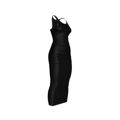 Racerback Shirred Tank Dress in Pure Black Cotton-Spandex Jersey