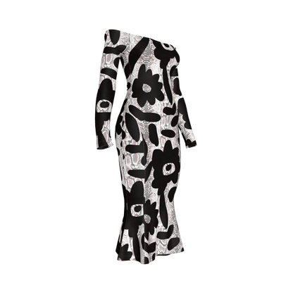 Black Flower Off-Shoulder Jersey Dress with Side Contour Panels