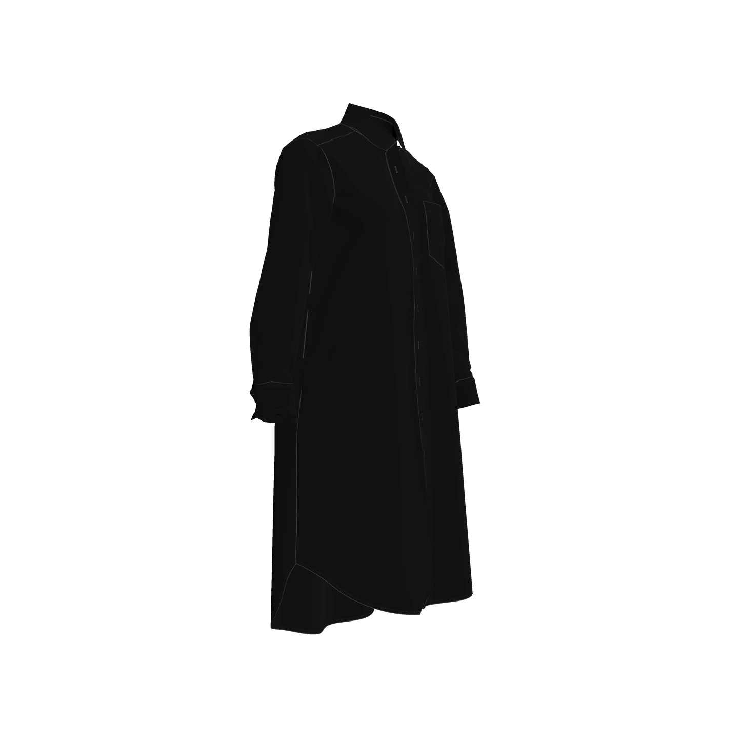 Long Sleeve Shirt Dress in Pure Black Pima Cotton Poplin