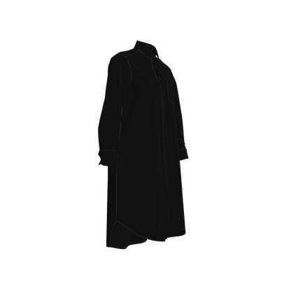 Long Sleeve Shirt Dress in Pure Black Pima Cotton Poplin