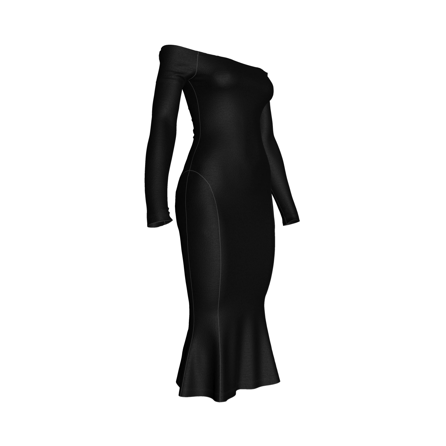 Off-Shoulder Dress with Side Contour Panels in Pure Black Cotton-Spandex Lightweight Jersey