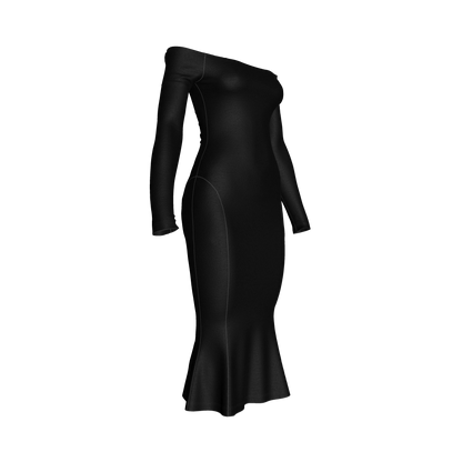 Off-Shoulder Dress with Side Contour Panels in Pure Black Cotton-Spandex Lightweight Jersey