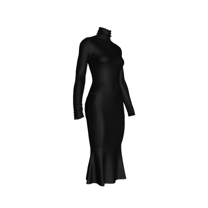 Turtleneck Body Con Dress in Pure Black Cotton-Spandex Jersey