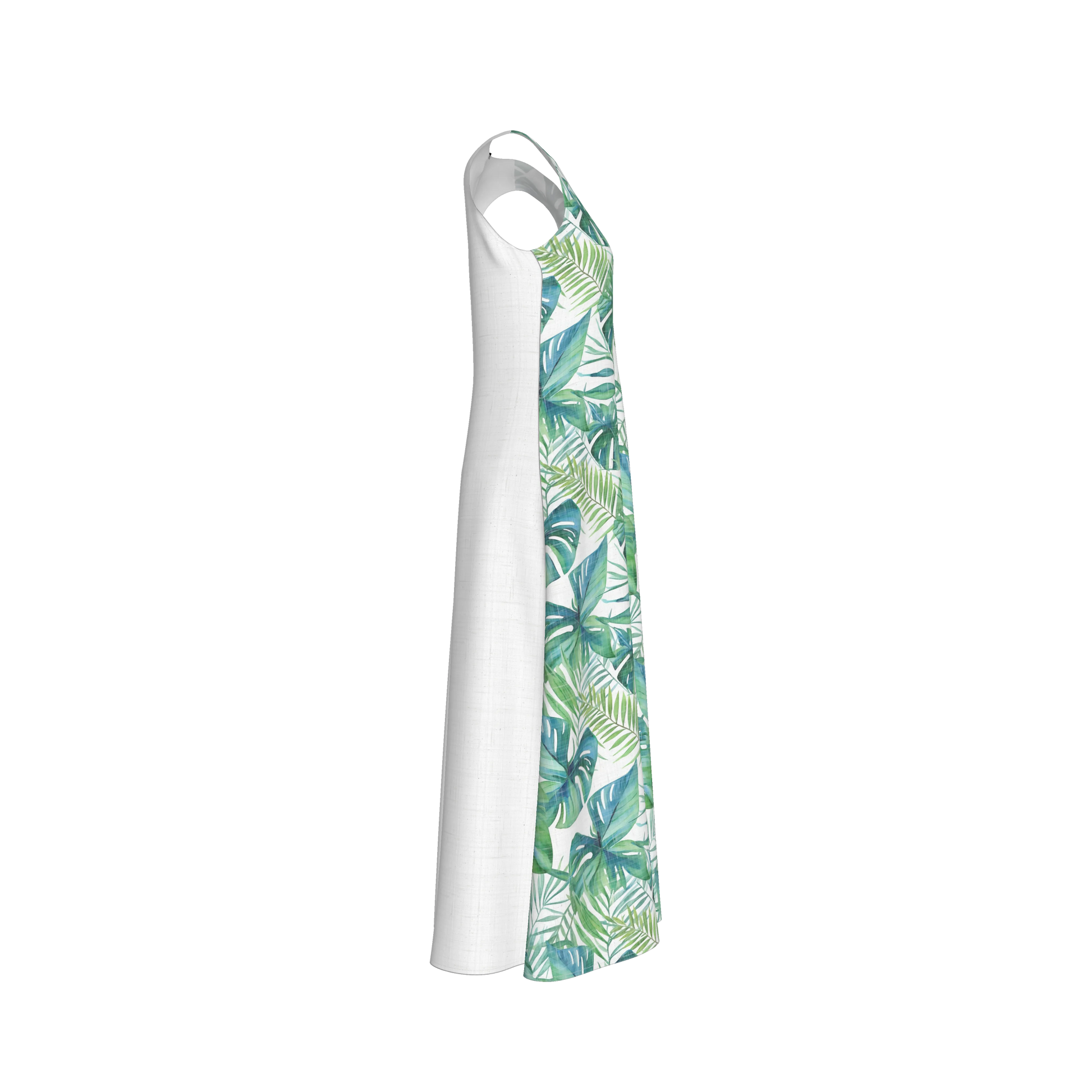 V-Neck A-Line Palm Dress in White Organic Cotton Twill